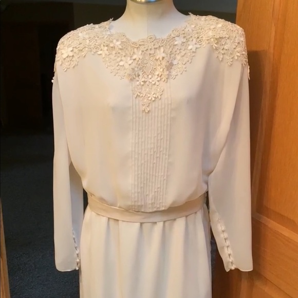 Vintage Ivory cream oversized floral lace collar church dress large - Picture 3 of 17